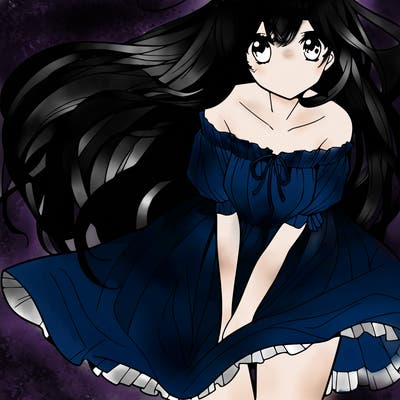 manga girl with long flowing hair and a dress that is pushed down