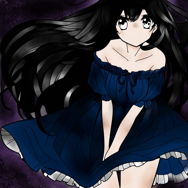manga girl with long flowing hair and a dress that is pushed down
