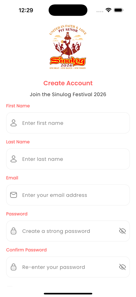Sinulog Festival - Registration page for the Sinulog Festival 2026 mobile app