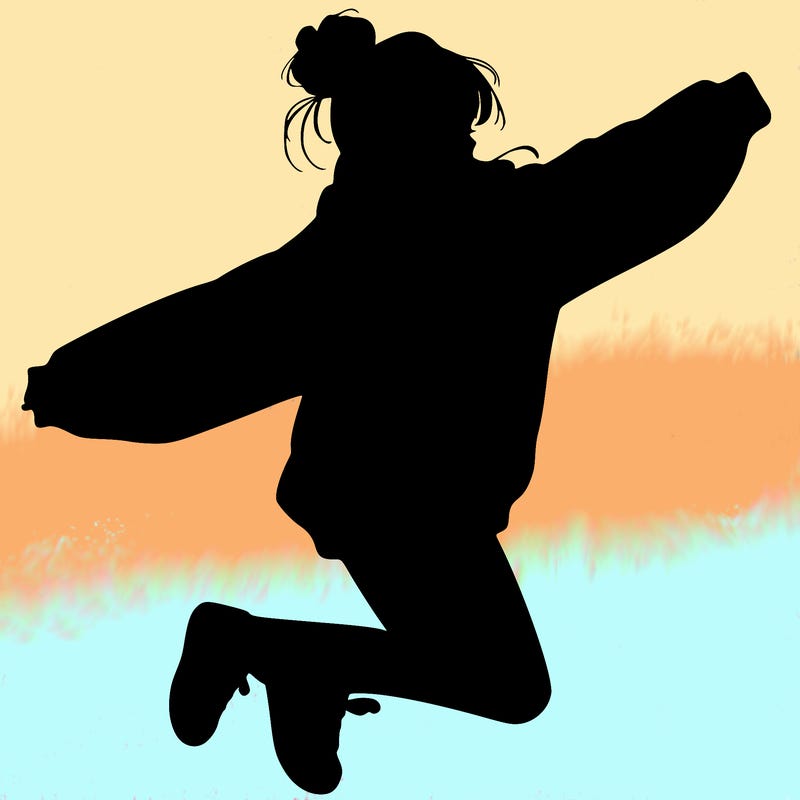 realistic girl jumping with a bun and oversized sweatshirt