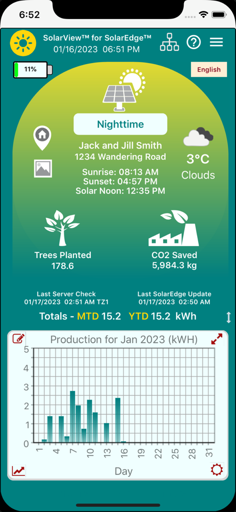 SolarView app interface showing solar production statistics environmental impact data and a daily performance graph.