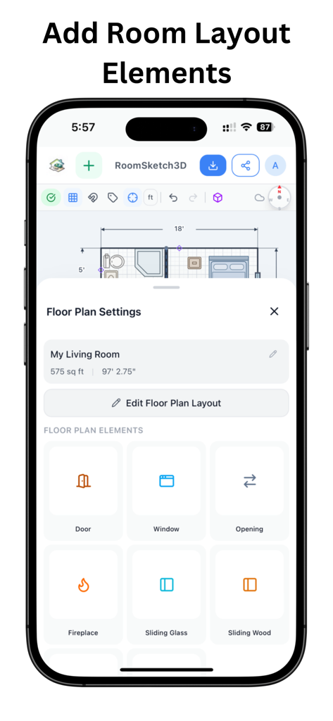 RoomSketch3D FloorPlanner - Pantalla de la aplicación RoomSketch3D que muestra opciones para agregar puertas, ventanas y elementos arquitectónicos a un plano de planta