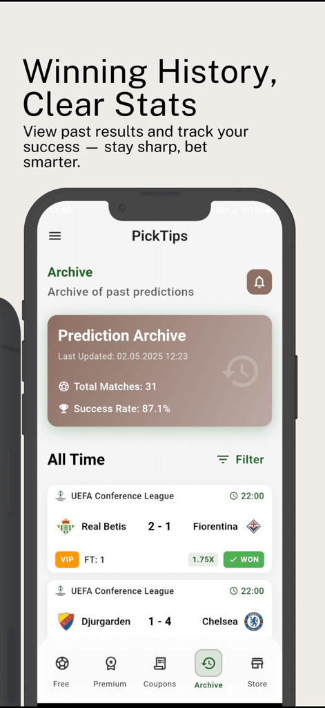 PickTips: Betting Predictions - PickTipsアプリのアーカイブ画面。過去のベッティング結果と成功率の統計を表示。