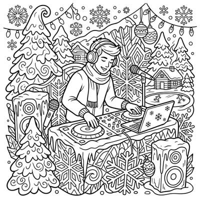 Get ready to groove with this exciting coloring page featuring a DJ mixing music in a magical winter wonderland. Surrounded by snow, pine trees, and festive lights, it's a perfect blend of cool beats and frosty fun.