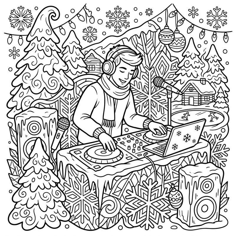 Get ready to groove with this exciting coloring page featuring a DJ mixing music in a magical winter wonderland. Surrounded by snow, pine trees, and festive lights, it's a perfect blend of cool beats and frosty fun.