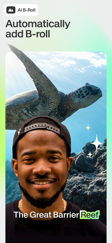 VEED Shorts: AI videos - A man using the VEED app to automatically add AI generated B-roll of a sea turtle to his video