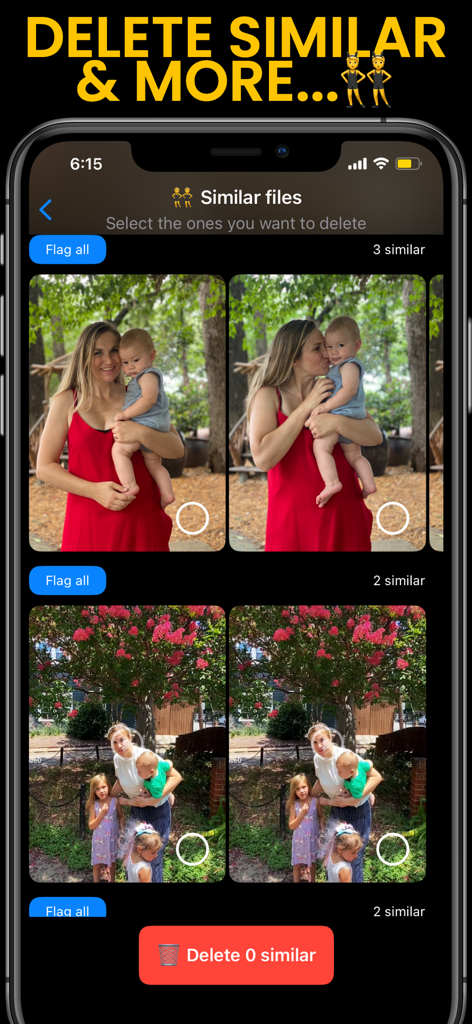 Interfaz de la aplicación PX que identifica y agrupa fotos familiares similares para una eliminación rápida