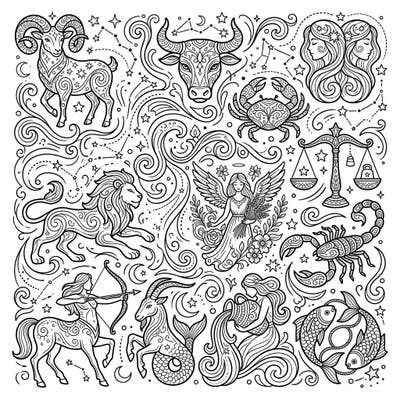 Dive into the captivating world of astrology with this stunning zodiac signs coloring page. Featuring all twelve intricately designed symbols amidst cosmic swirls and stars, it offers a relaxing and personalized artistic experience.