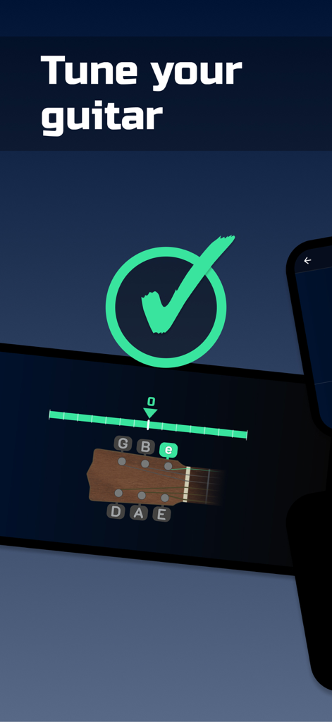 Timbro Guitar app tuner screen showing a guitar headstock and a green checkmark indicating a correctly tuned string
