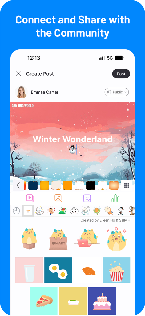 Gan Jing World - Gan Jing World app interface for creating and sharing posts with community members using stickers and custom backgrounds