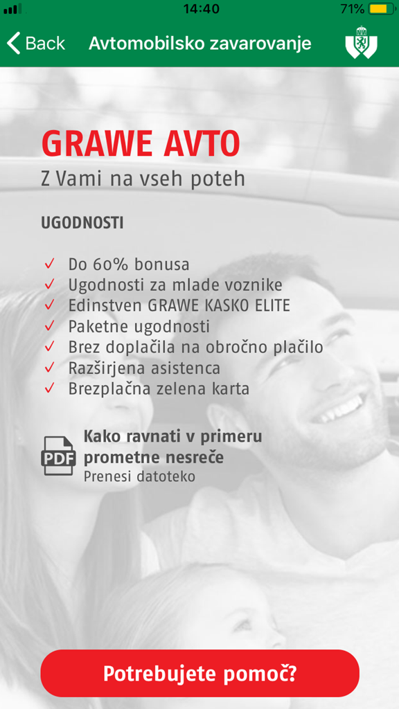 GRAWE APP car insurance screen showing policy benefits and emergency assistance options