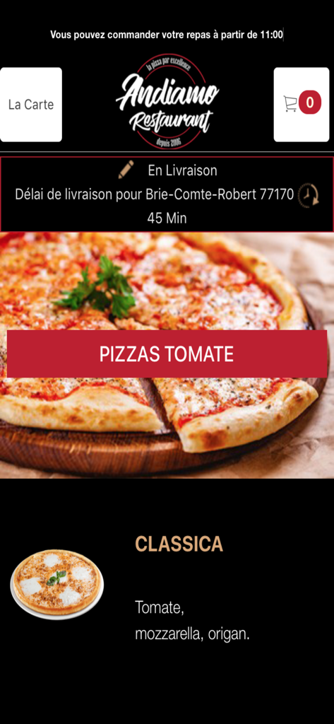 Application de commande de pizzas Andiamo Restaurant