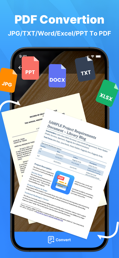 Docu PDF Lite: Editor & Reader - Docu PDF Liteアプリのモバイルインターフェース。JPG、Word、Excel、PPTファイルをPDFドキュメントに変換する様子を示しています。