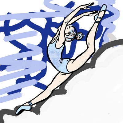 gymnast doing a leap in a leotard with a bent back leg