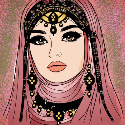 realistic woman with a veil covering her hair and mouth, muslim. the veil contains details with jewels. she has beautiful jewelry.