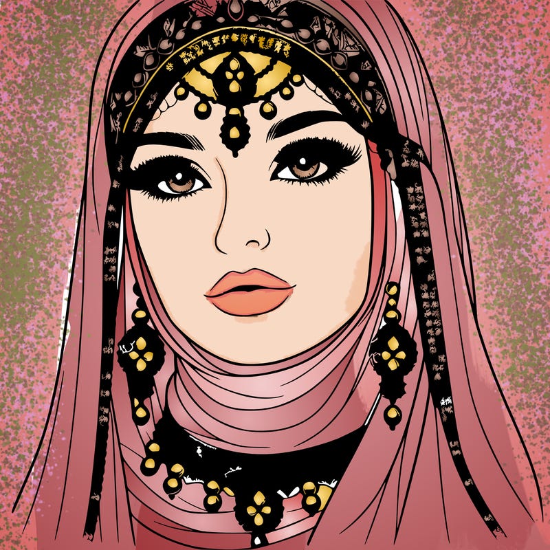 realistic woman with a veil covering her hair and mouth, muslim. the veil contains details with jewels. she has beautiful jewelry.