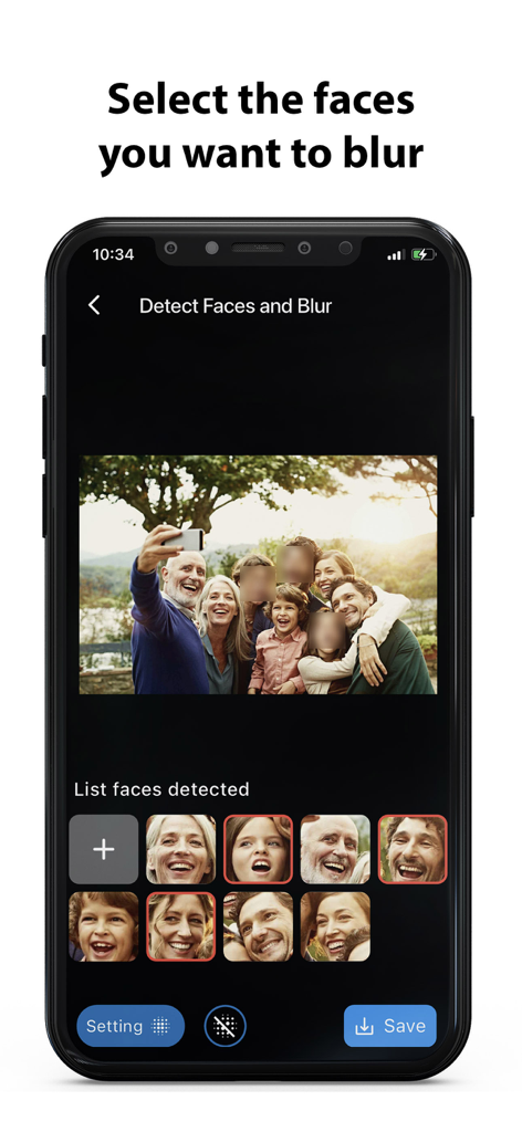 Blur Face in Photos - 개인 정보 보호를 위해 단체 사진에서 특정 얼굴을 선택하여 흐리게 처리할 수 있는 Blur Face 앱 인터페이스를 보여주는 스마트폰