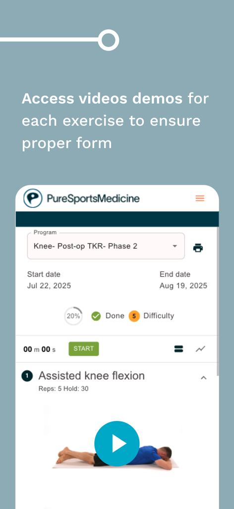 Pure Sports Medicine - Interfaz de la aplicación Medicina Deportiva Pura que muestra una demostración de vídeo clínica para un ejercicio de rehabilitación de rodilla.