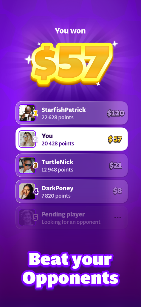 Leaderboard showing real cash prizes won by players in Pool Win Cash