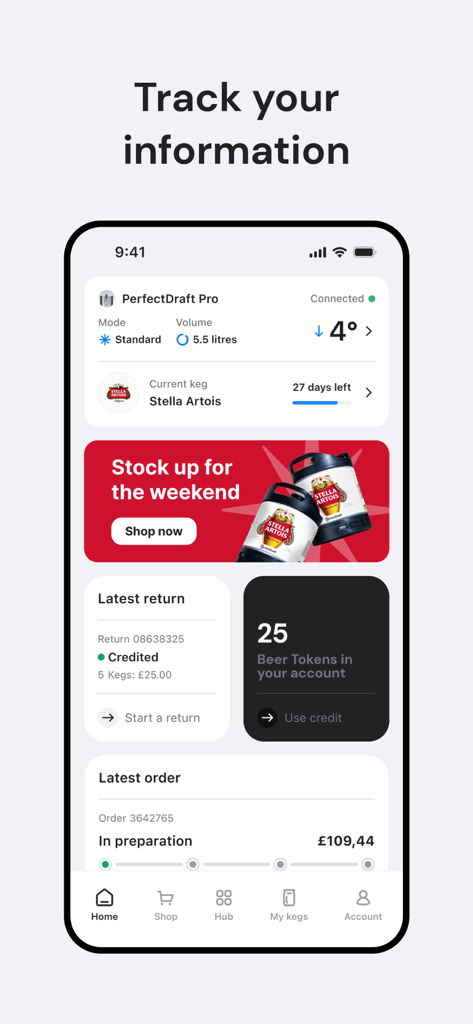 PerfectDraft - Interface of the PerfectDraft app showing keg status temperature beer tokens and order tracking information