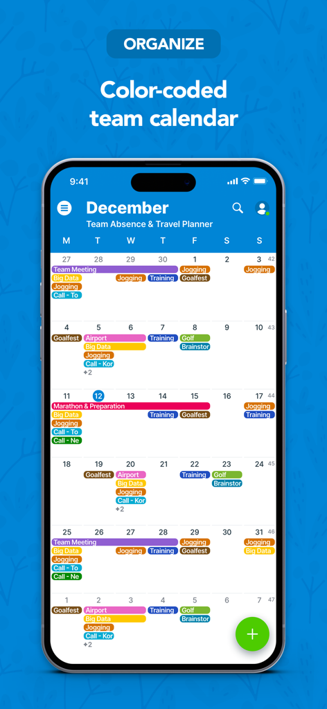 Teamup Calendar - 일정 정리를 위해 Teamup 앱에서 색상별로 구분된 월간 팀 캘린더 보기를 보여주는 모바일 화면.