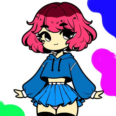 cute femboy with short, fluffy hair that softly frames their face, wearing a cropped hoodie, paired with a flouncy short skirt, and thigh-high stockings