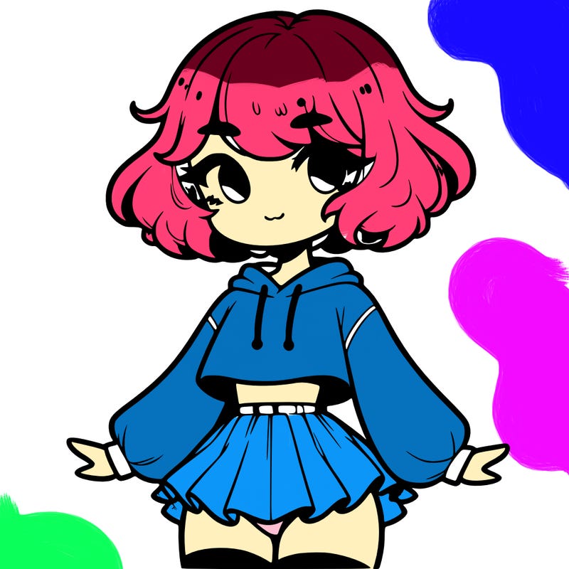 cute femboy with short, fluffy hair that softly frames their face, wearing a cropped hoodie, paired with a flouncy short skirt, and thigh-high stockings