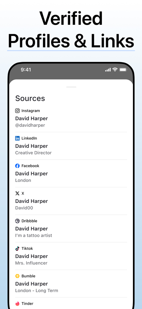 Deepsearch AI app screen displaying verified social media and dating profiles for a search result.