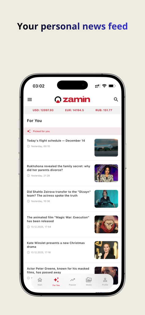 Zamin - Um smartphone mostrando o feed de notícias pessoal do aplicativo Zamin com taxas de câmbio e manchetes globais.