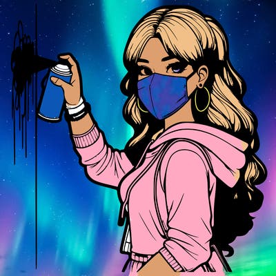 realistic girl with mask spray painting a wall