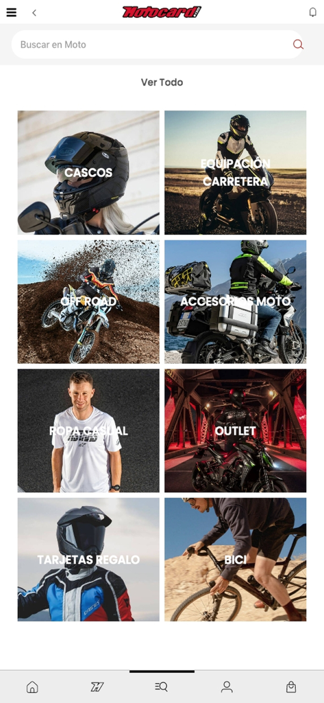Motocard mobile app screen displaying shopping categories for motorcycle gear helmets and cycling equipment