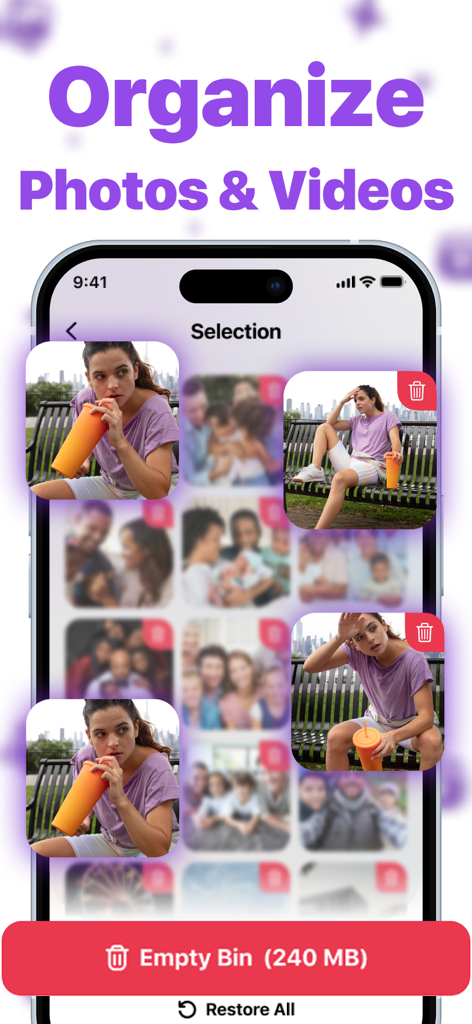 Photo Swipe : Swipe & Delete - App interface showing a gallery of photos with a button to empty the bin and reclaim storage space