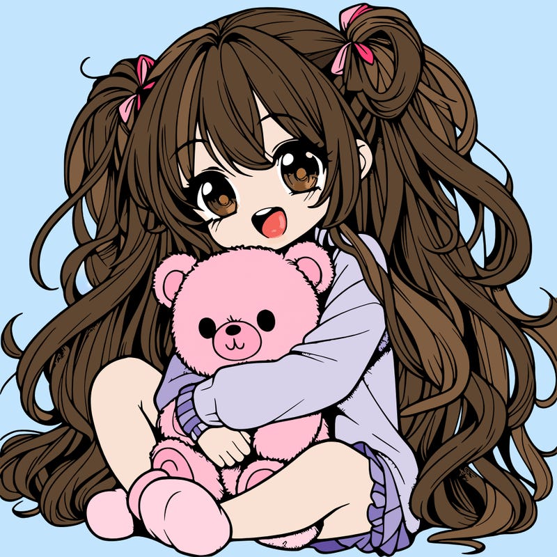 manga girl, long curly hair, happy, cuddling a teddy bear