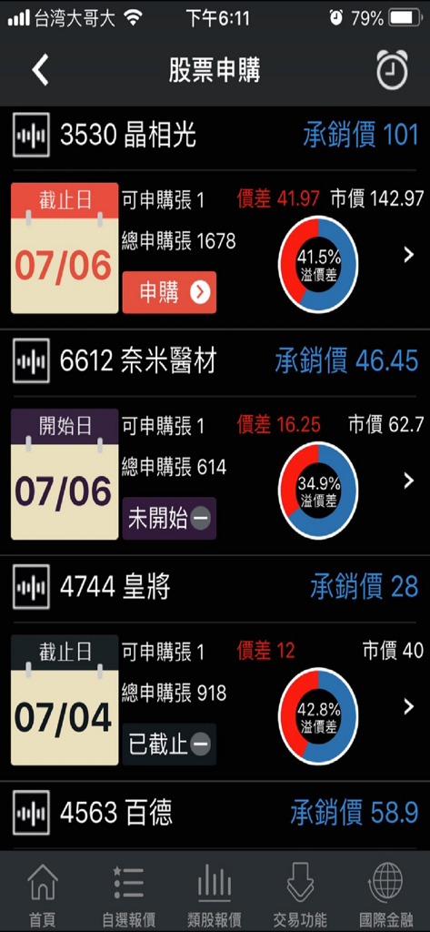 臺銀證券 - Pantalla móvil que muestra una lista de opciones de suscripción de acciones con precios y plazos en chino tradicional.