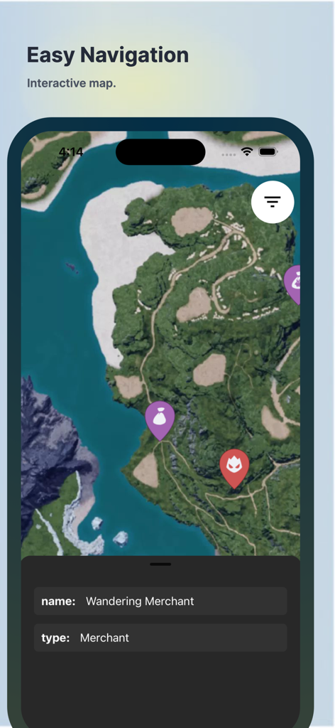 PalMap: Find and Explore Pals - PalMap mobile app interface showing an interactive map of Palworld with a Wandering Merchant location marker.