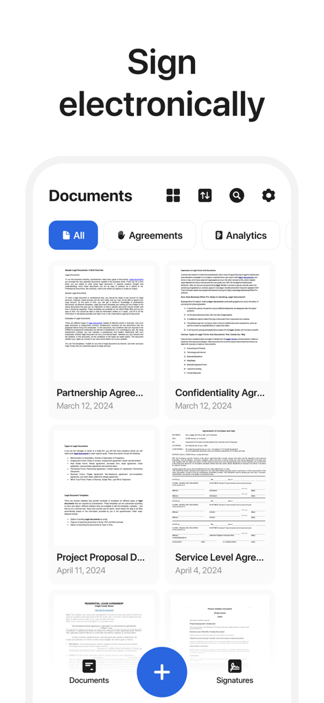 Sign Doc: e-Signature Maker - Panel móvil de la aplicación Sign Doc mostrando varios documentos legales y categorías de acuerdos