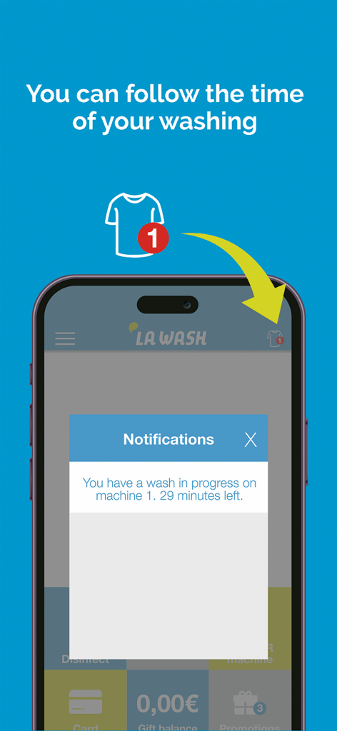 LAWASH - Notifica dell'app LAWASH che mostra il tempo rimanente per un ciclo di lavaggio