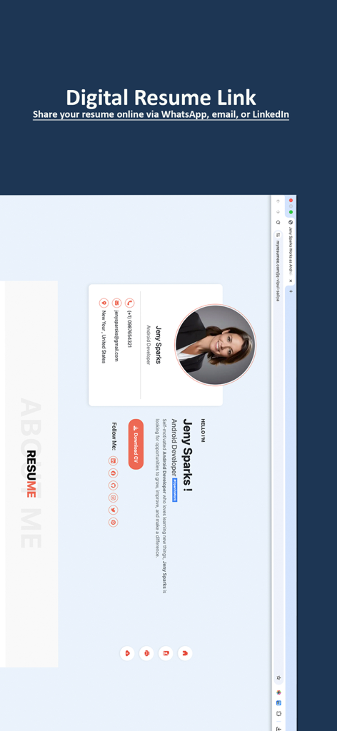 CV & Resume Builder - Resumee - Un perfil de currículum digital profesional con un enlace para compartir en plataformas de redes sociales
