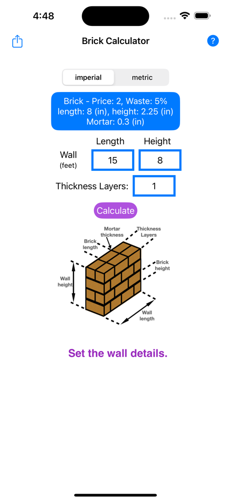 Interface of the Bricks Estimator app showing fields for wall dimensions and a brick masonry diagram