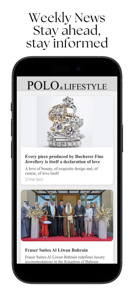 POLO & Lifestyle Magazine - Interface de l'application magazine POLO et Lifestyle présentant des articles d'actualité sur les bijoux fins et les événements internationaux.