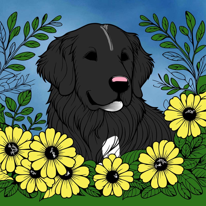 realistic golden retriever with flowers surrounding it