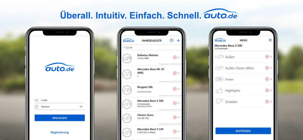 auto.de Händler App - Three mobile phone screens showing the login page vehicle list and photo management menu of the auto.de dealer app