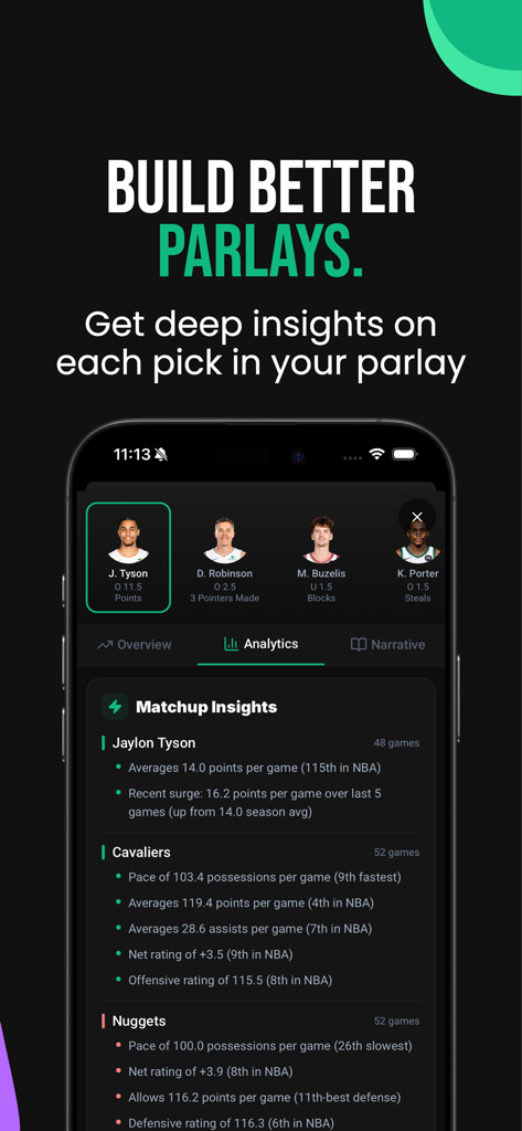 Captura de pantalla de la aplicación móvil ParlayLens mostrando estadísticas detalladas de jugadores de la NBA y estadísticas de enfrentamientos de equipos para crear apuestas combinadas.