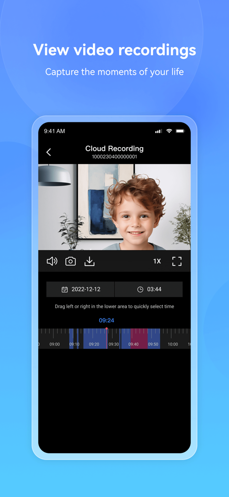 Im Cam - Smartphone interface of Im Cam app displaying a video recording of a smiling child with a cloud storage timeline for playback.
