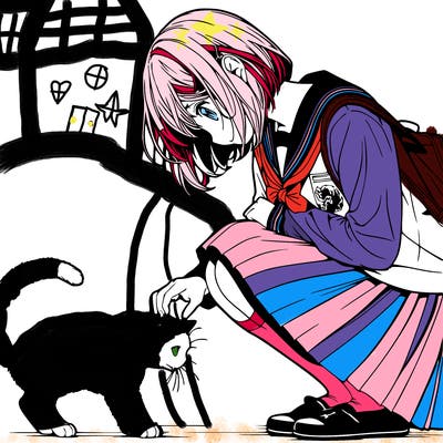 realistic anime girl bending down to pet a cat