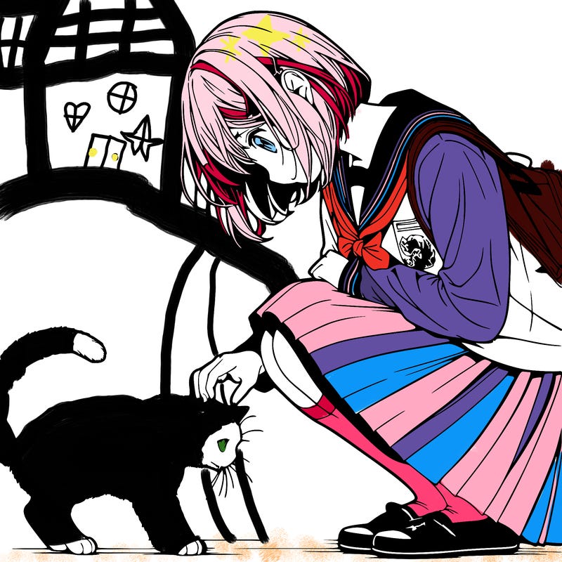 realistic anime girl bending down to pet a cat