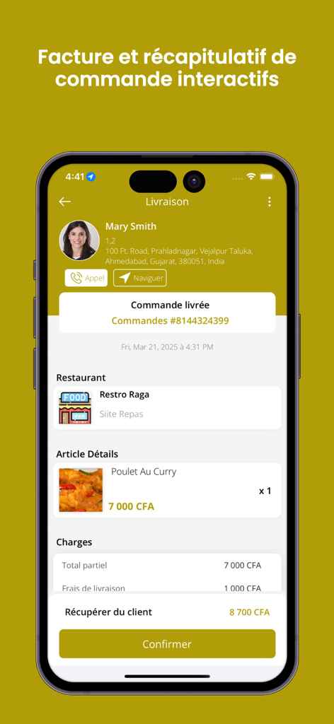 Okalm Driver - Okalm Driver app interface showing a detailed delivery order summary and customer information