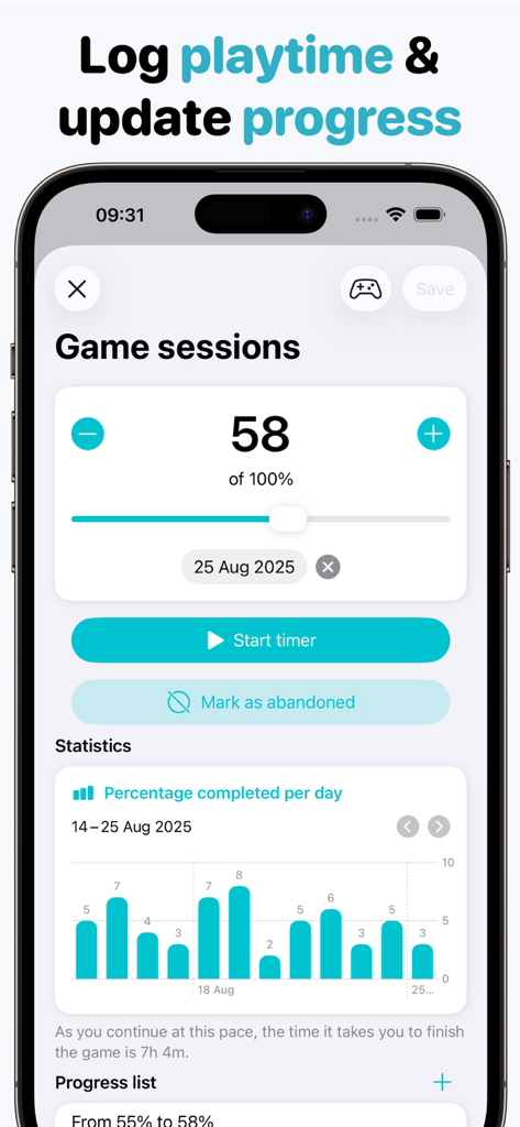 Game Tracker: Play & log - Schnittstelle von Game Tracker, die den Fortschritt von Spielsitzungen und Abschlussstatistiken anzeigt