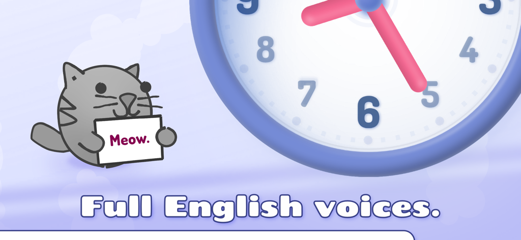 Lil Clock learning app interface with an analog clock and a cartoon cat character