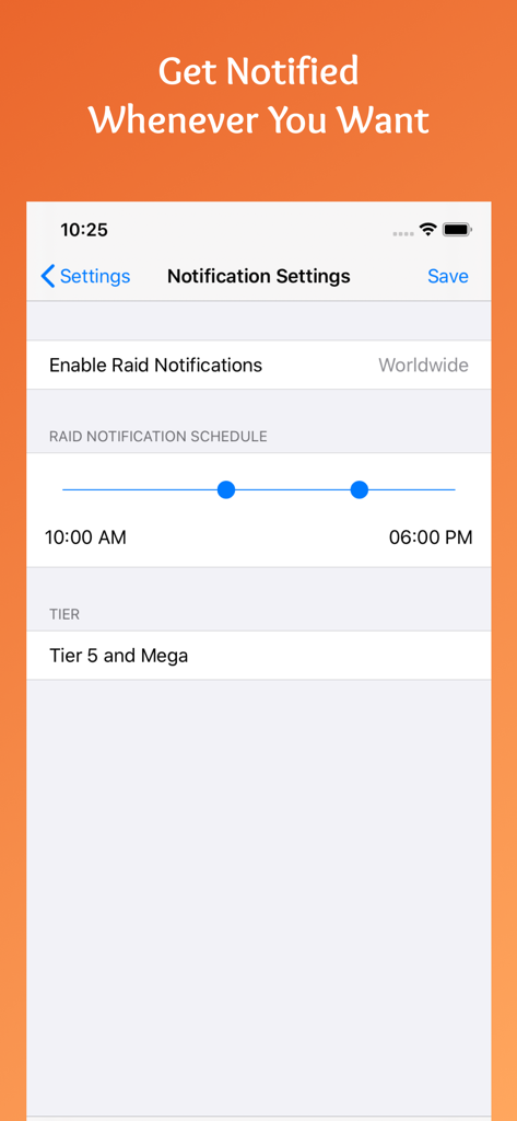 PokeRaid app screenshot showing raid notification schedule and tier settings